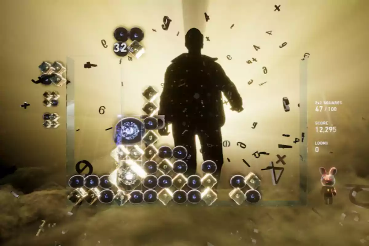 Persona de pie en el centro de una escena iluminada con fondo dorado rodeada de figuras geométricas y letras flotando mientras se muestra una interfaz de videojuego con puntaje y un personaje de conejo en la esquina inferior derecha Persona de pie en el centro de una escena iluminada con fondo dorado rodeada de figuras geométricas y letras flotando mientras se muestra una interfaz de videojuego con puntaje y un personaje de conejo en la esquina inferior derecha
