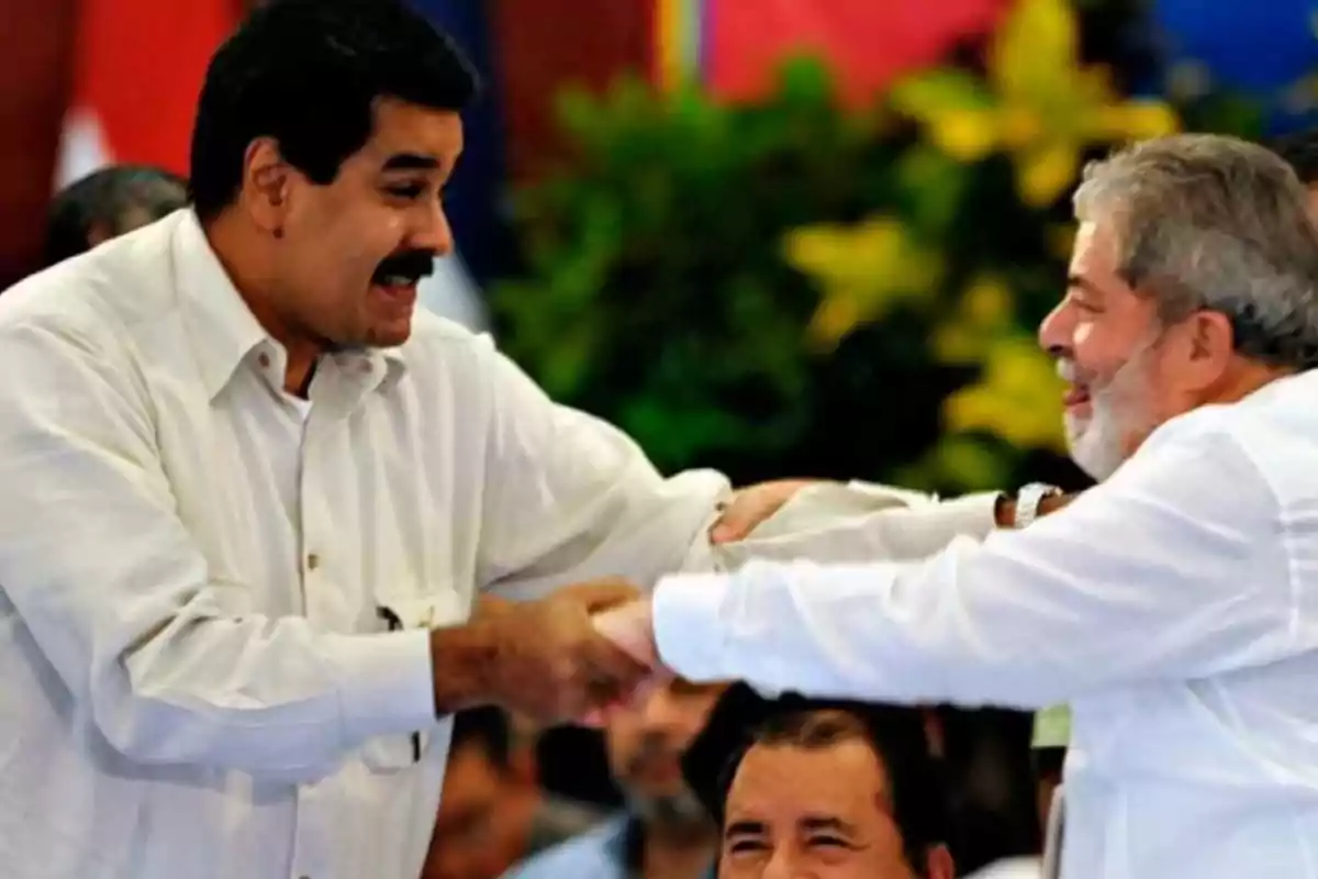 Two men smile and greet each other enthusiastically with a handshake at a public event, with people and plants in the background. Two men smile and greet each other enthusiastically with a handshake at a public event, with people and plants in the background.