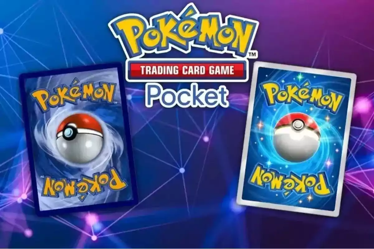 Logo de Pokémon Trading Card Game Pocket con dos cartas de Pokémon sobre un fondo azul y morado con líneas y destellos. Logo de Pokémon Trading Card Game Pocket con dos cartas de Pokémon sobre un fondo azul y morado con líneas y destellos.