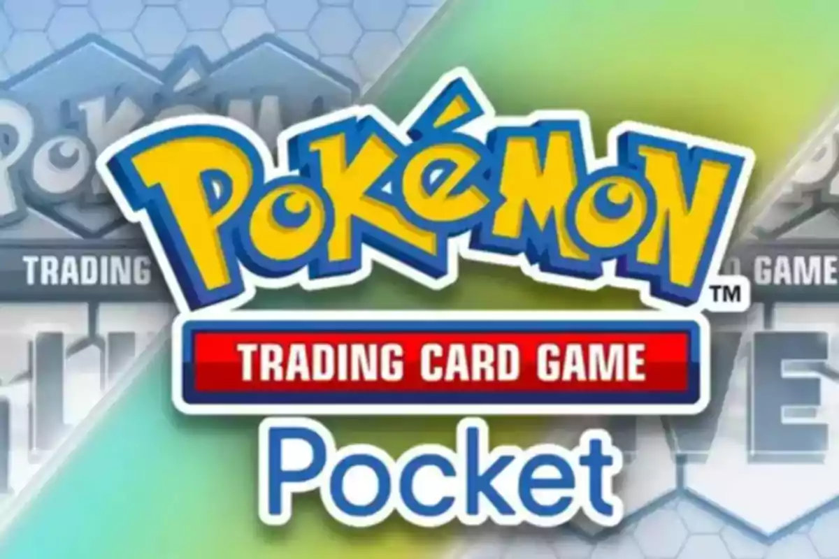 Logo colorido de Pokémon Trading Card Game Pocket sobre un fondo difuminado.