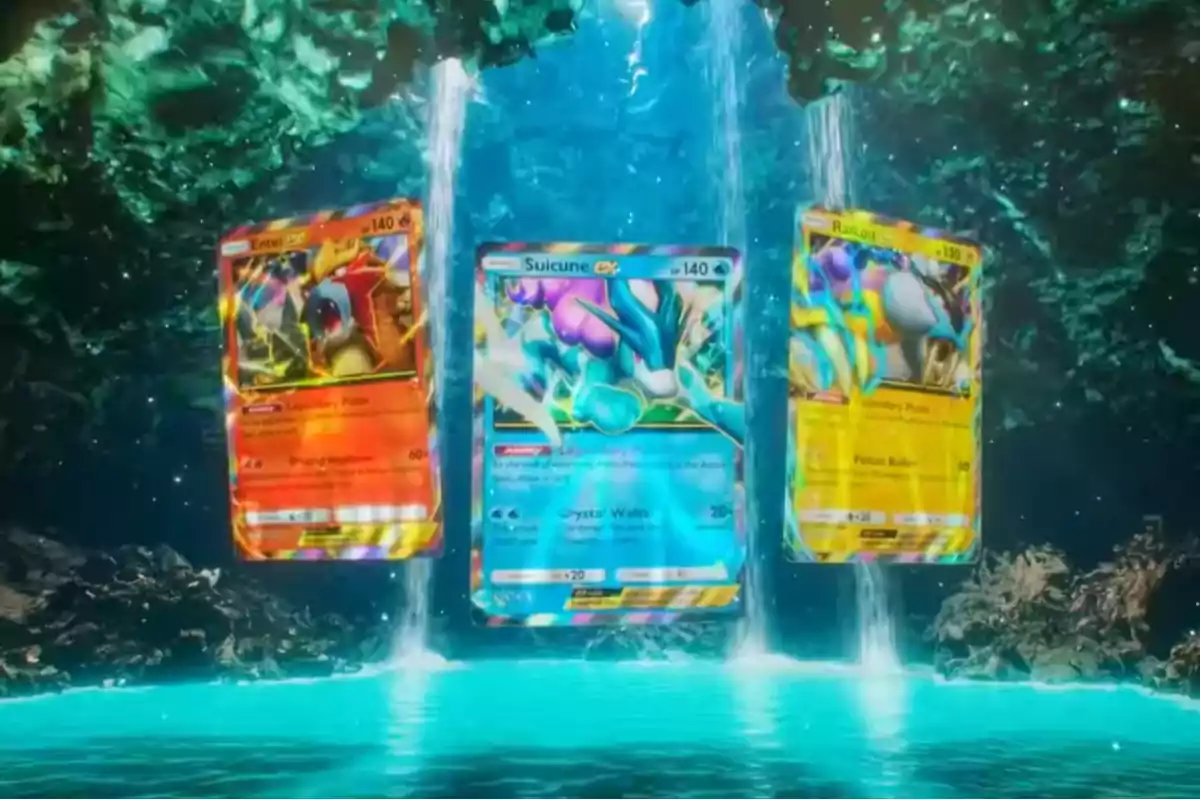 Tres cartas holográficas de Pokémon flotan sobre un lago en una cueva iluminada por cascadas de agua Tres cartas holográficas de Pokémon flotan sobre un lago en una cueva iluminada por cascadas de agua