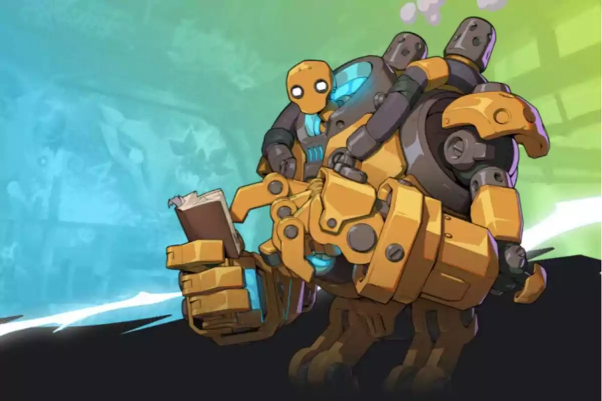 Robot amarillo de aspecto amigable sostiene un libro con una mano grande mientras observa atentamente en un fondo colorido