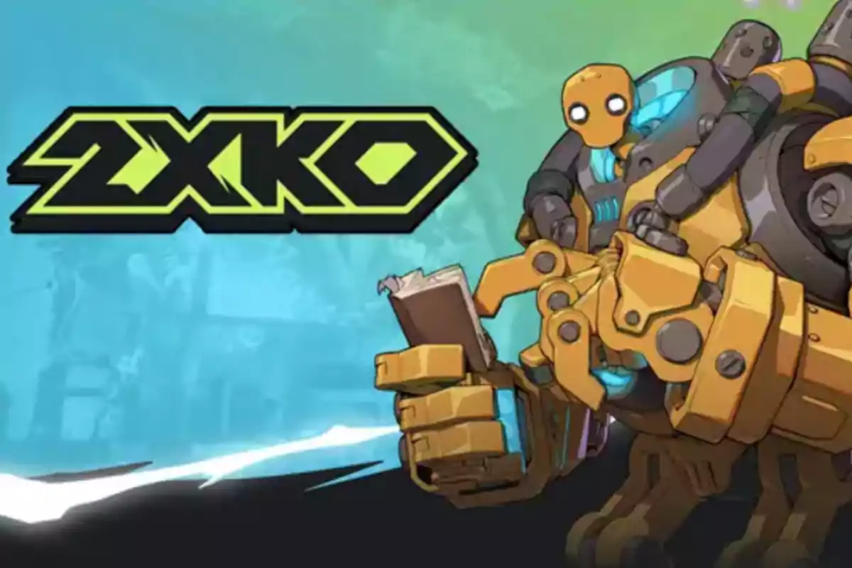 Robot amarillo sosteniendo un libro junto al logo de 2XKO sobre un fondo azul y verde Robot amarillo sosteniendo un libro junto al logo de 2XKO sobre un fondo azul y verde