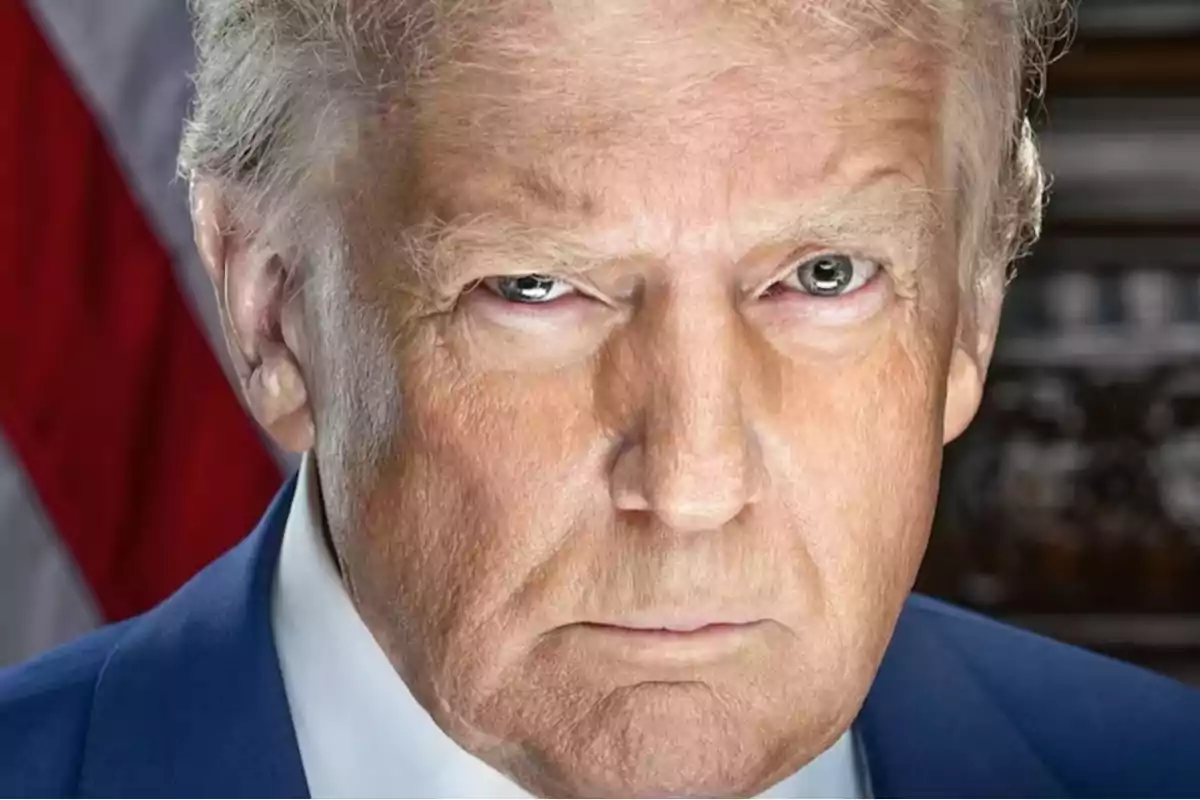 Close-up of an older man with blond hair and a serious expression, with a blurred American flag in the background Close-up of an older man with blond hair and a serious expression, with a blurred American flag in the background