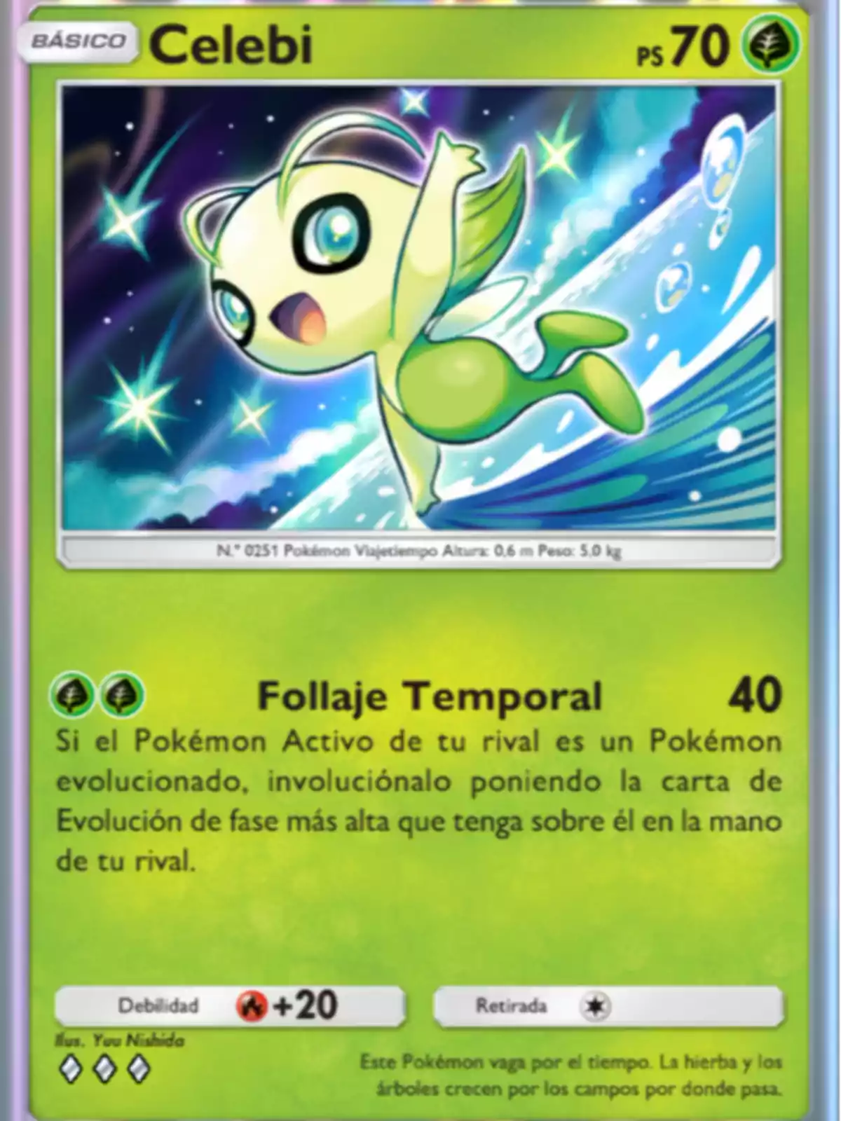 Carta de Pokémon de Celebi con fondo verde, puntos de vida 70, ataque llamado Follaje Temporal y una ilustración colorida del personaje flotando en el aire Carta de Pokémon de Celebi con fondo verde, puntos de vida 70, ataque llamado Follaje Temporal y una ilustración colorida del personaje flotando en el aire