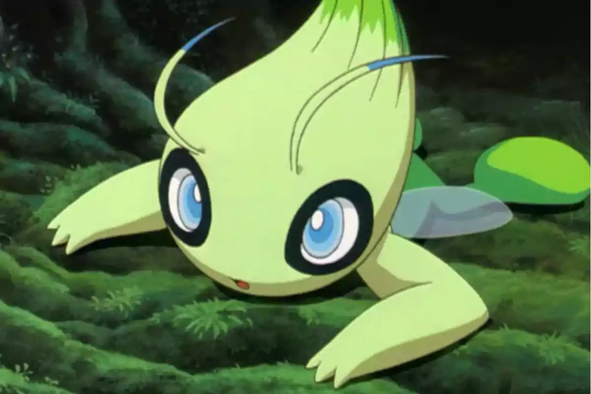 Un pequeño Pokémon verde con ojos grandes y azules está acostado sobre el suelo del bosque. Un pequeño Pokémon verde con ojos grandes y azules está acostado sobre el suelo del bosque.