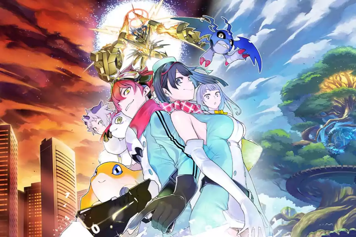 Anime-style illustration featuring several human characters and fantastic creatures in the center; the background is divided between a city at sunset and a natural landscape with a large tree under a blue sky.