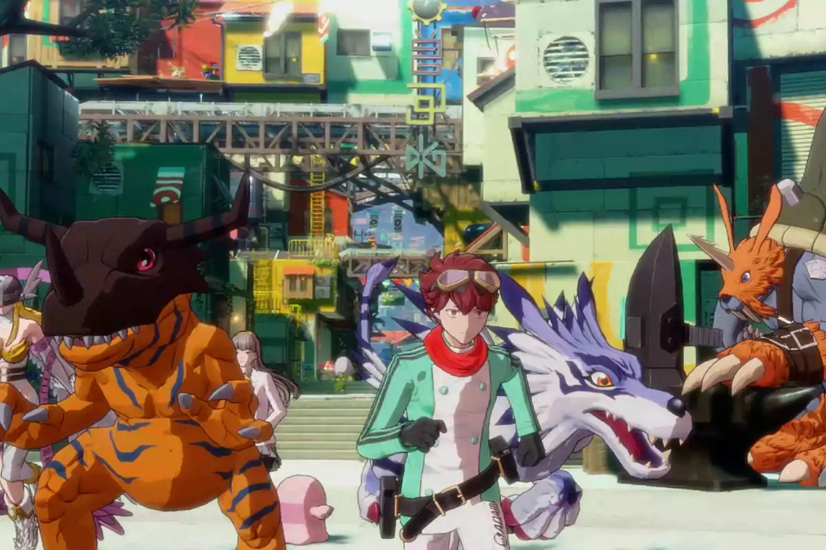 A group of digital characters and creatures in a colorful urban environment with multicolored buildings and futuristic details A group of digital characters and creatures in a colorful urban environment with multicolored buildings and futuristic details