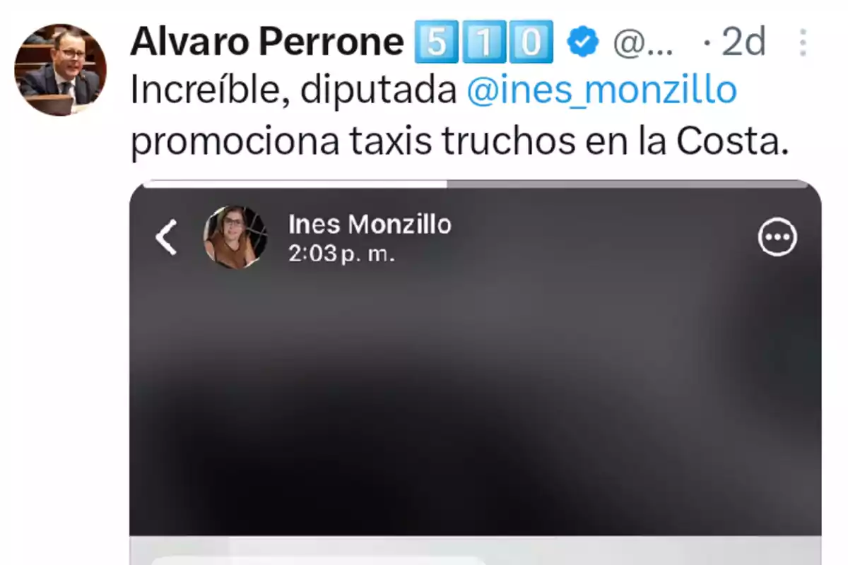 Captura de pantalla de un tuit de Alvaro Perrone criticando a la diputada Ines Monzillo por supuestamente promocionar taxis ilegales en la Costa Captura de pantalla de un tuit de Alvaro Perrone criticando a la diputada Ines Monzillo por supuestamente promocionar taxis ilegales en la Costa