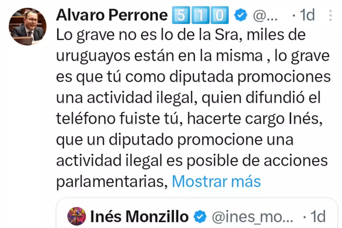 Captura de pantalla de un tuit de Alvaro Perrone en el que critica a una diputada por promocionar una actividad ilegal y le reclama que se haga responsable por difundir un teléfono, mencionando que esto podría tener consecuencias parlamentarias Captura de pantalla de un tuit de Alvaro Perrone en el que critica a una diputada por promocionar una actividad ilegal y le reclama que se haga responsable por difundir un teléfono, mencionando que esto podría tener consecuencias parlamentarias