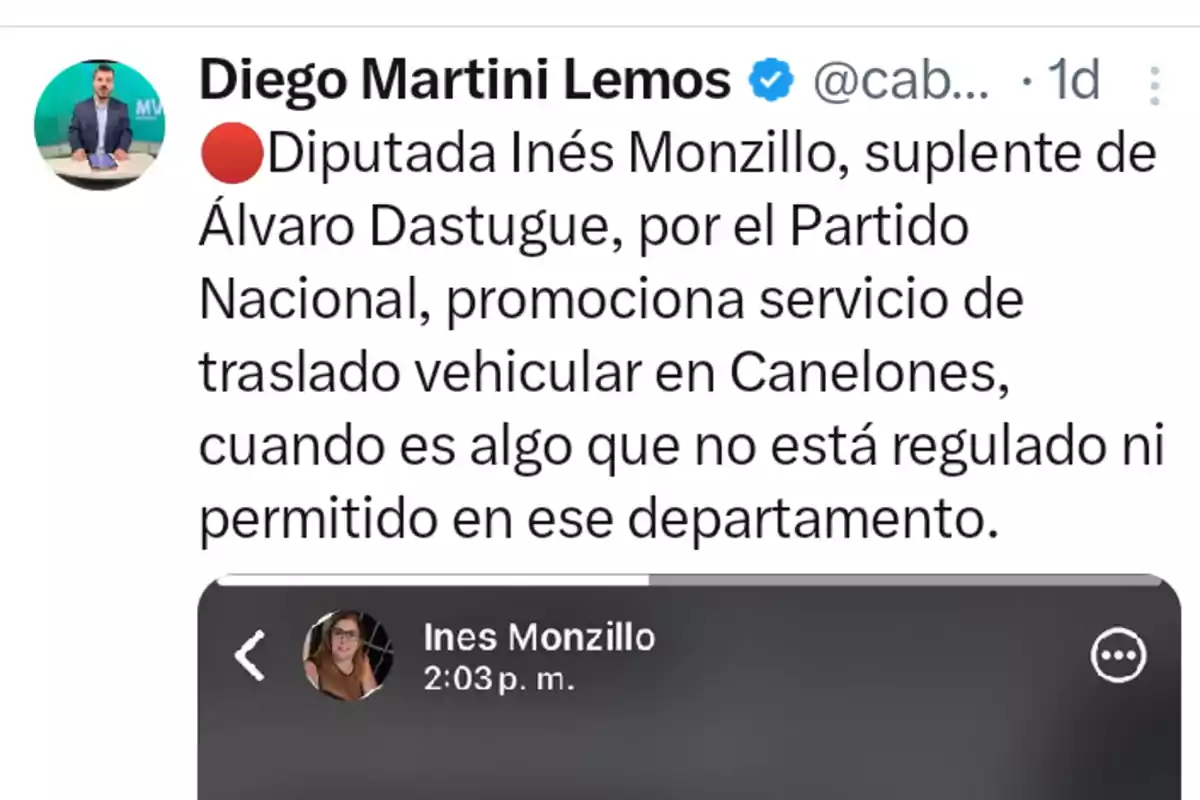 Captura de pantalla de un tuit donde se menciona que la diputada suplente Inés Monzillo promociona un servicio de traslado vehicular en Canelones, algo que no está regulado ni permitido en ese departamento Captura de pantalla de un tuit donde se menciona que la diputada suplente Inés Monzillo promociona un servicio de traslado vehicular en Canelones, algo que no está regulado ni permitido en ese departamento