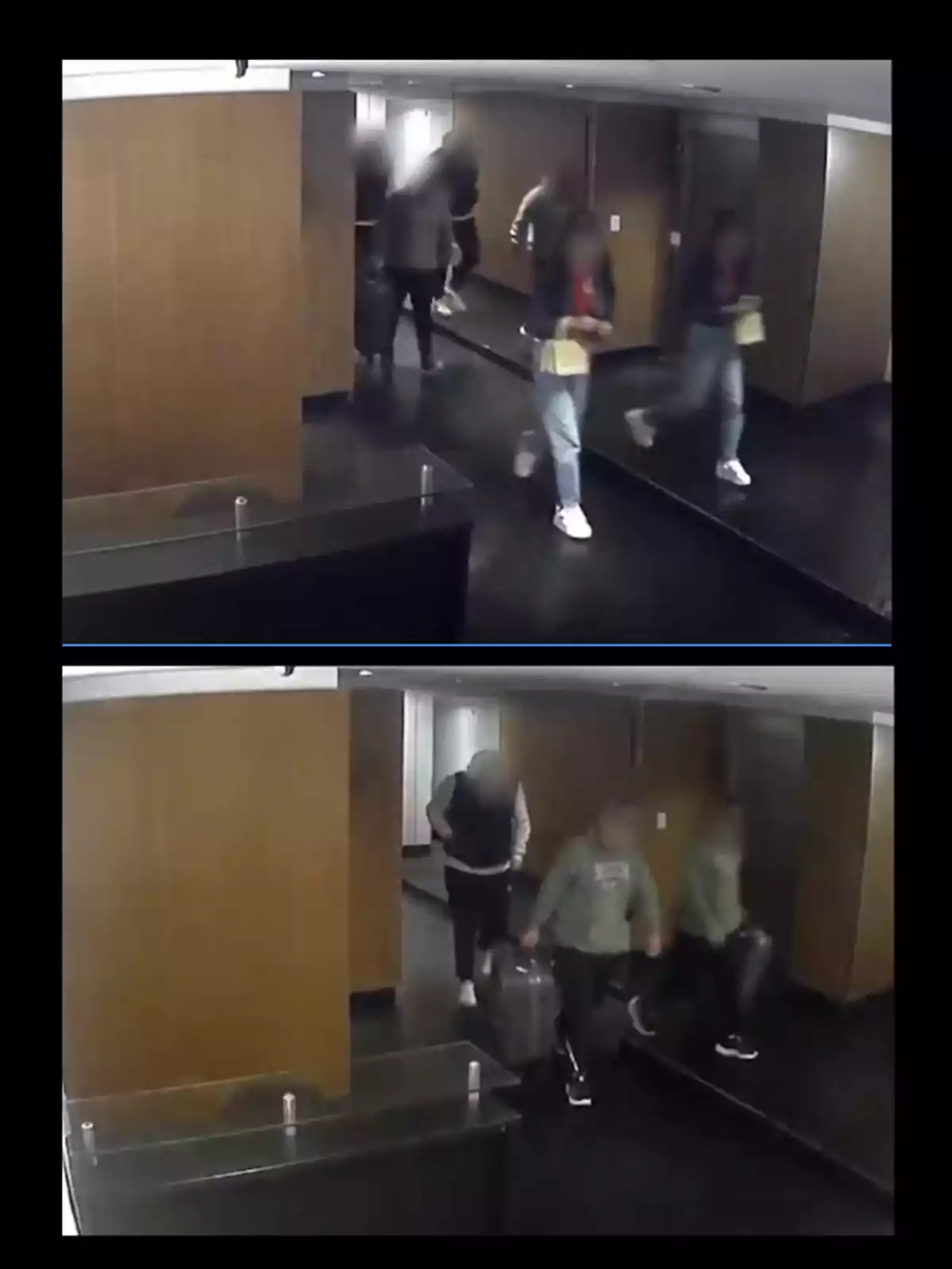 Dos imágenes de cámaras de seguridad muestran a varias personas caminando por un pasillo con paredes de madera y espejo, algunas de ellas llevan maletas y objetos en las manos Dos imágenes de cámaras de seguridad muestran a varias personas caminando por un pasillo con paredes de madera y espejo, algunas de ellas llevan maletas y objetos en las manos