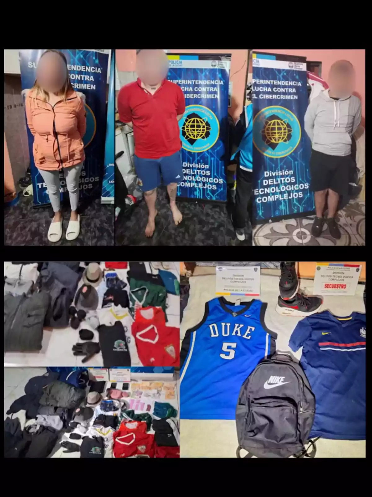Tres personas de pie con el rostro difuminado frente a carteles policiales y varias prendas de ropa, mochilas y objetos personales exhibidos sobre el suelo Tres personas de pie con el rostro difuminado frente a carteles policiales y varias prendas de ropa, mochilas y objetos personales exhibidos sobre el suelo