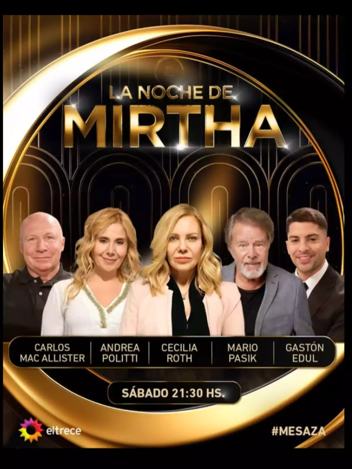 Five people pose in front of a gold and black background with the text Five people pose in front of a gold and black background with the text