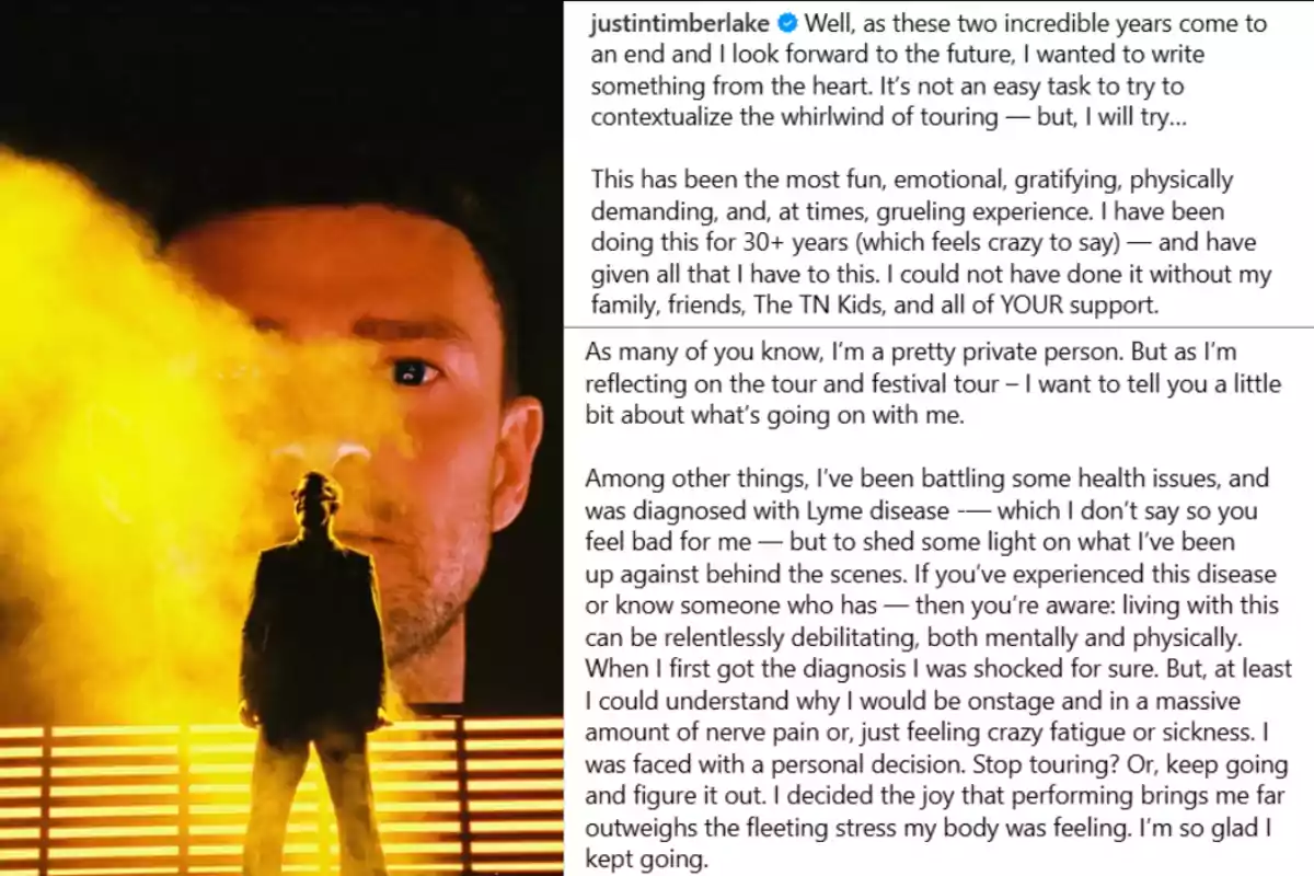 A man standing on a stage lit by bright yellow lights, with an image of his face projected in the background and text to the right where he shares a personal reflection on his career, expressions of gratitude, and his experience dealing with health issues. A man standing on a stage lit by bright yellow lights, with an image of his face projected in the background and text to the right where he shares a personal reflection on his career, expressions of gratitude, and his experience dealing with health issues.