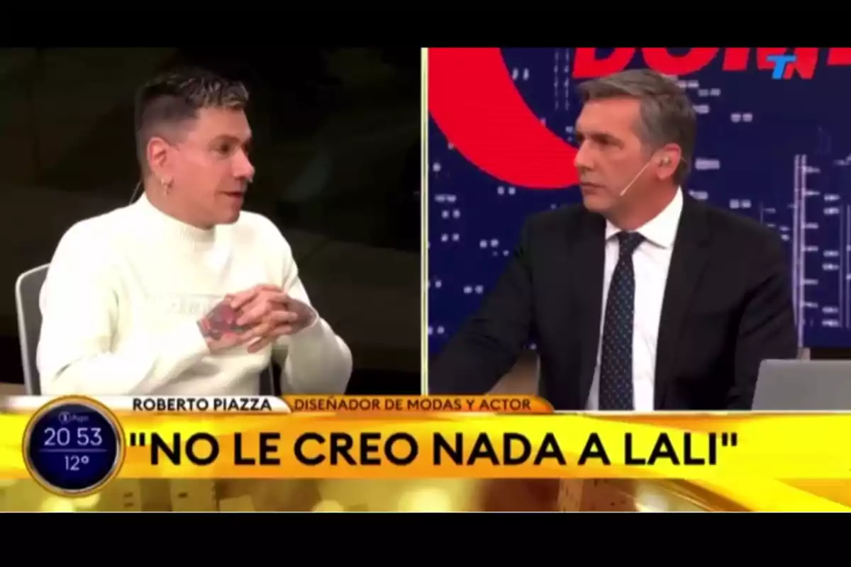 Two men are talking on a TV show with a yellow banner that says I don't believe anything Lali says. Two men are talking on a TV show with a yellow banner that says I don't believe anything Lali says.