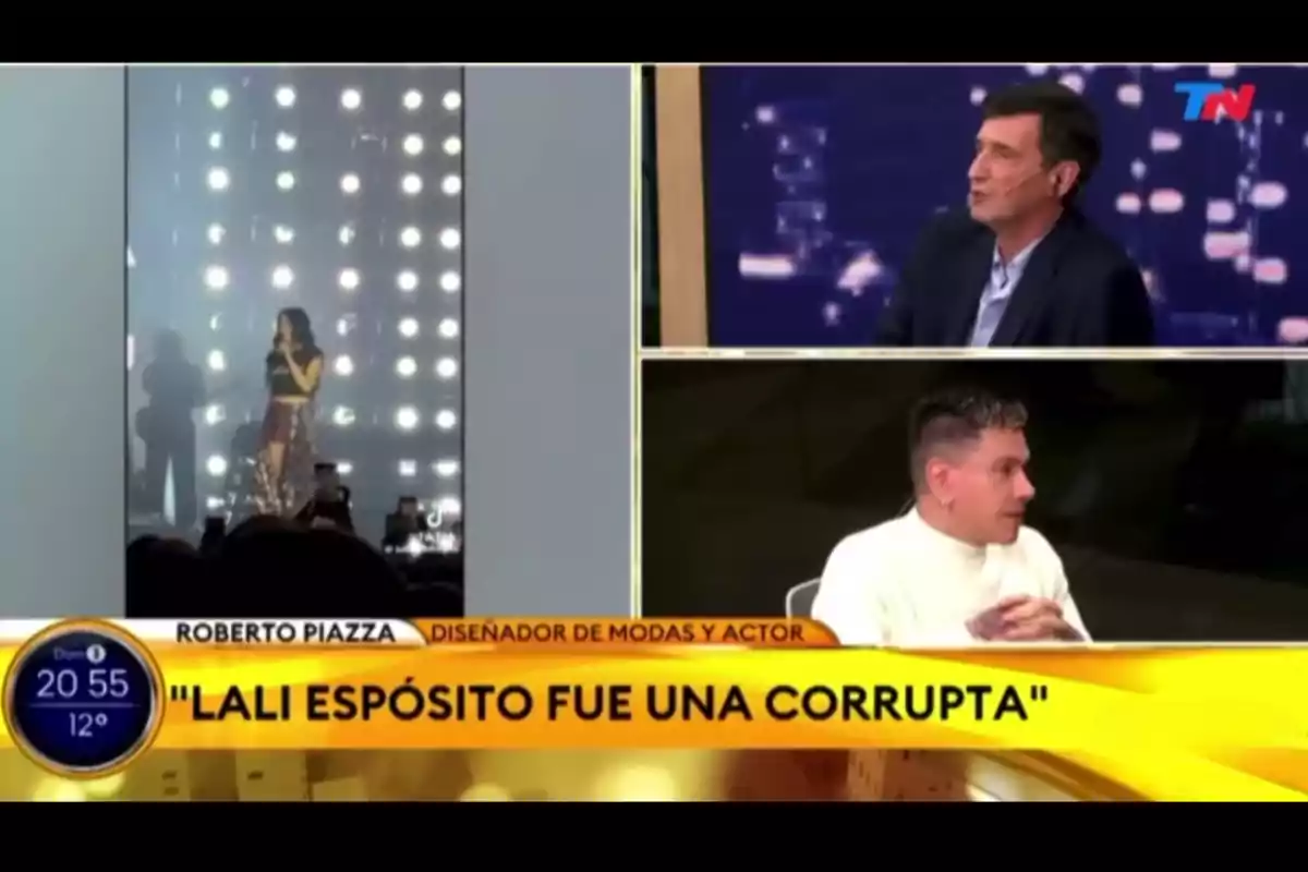 Screenshot of a television program showing a singer on stage and two men talking on a set, with a headline at the bottom that reads Screenshot of a television program showing a singer on stage and two men talking on a set, with a headline at the bottom that reads