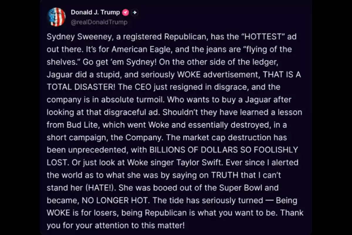 Social media post by Donald J. Trump criticizing Jaguar and Bud Lite ads for being Social media post by Donald J. Trump criticizing Jaguar and Bud Lite ads for being