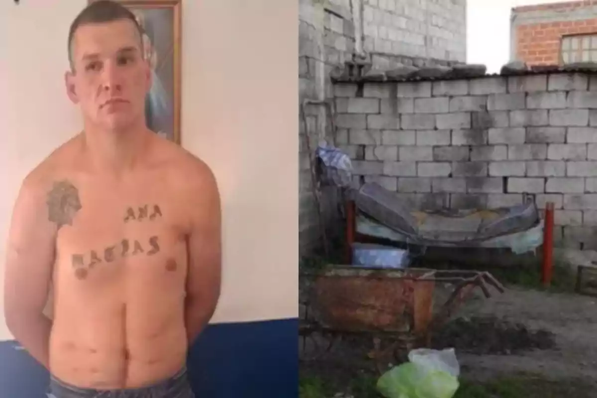 Shirtless man with tattoos on his chest on the left and a yard with an old bed and a rusty wheelbarrow on the right