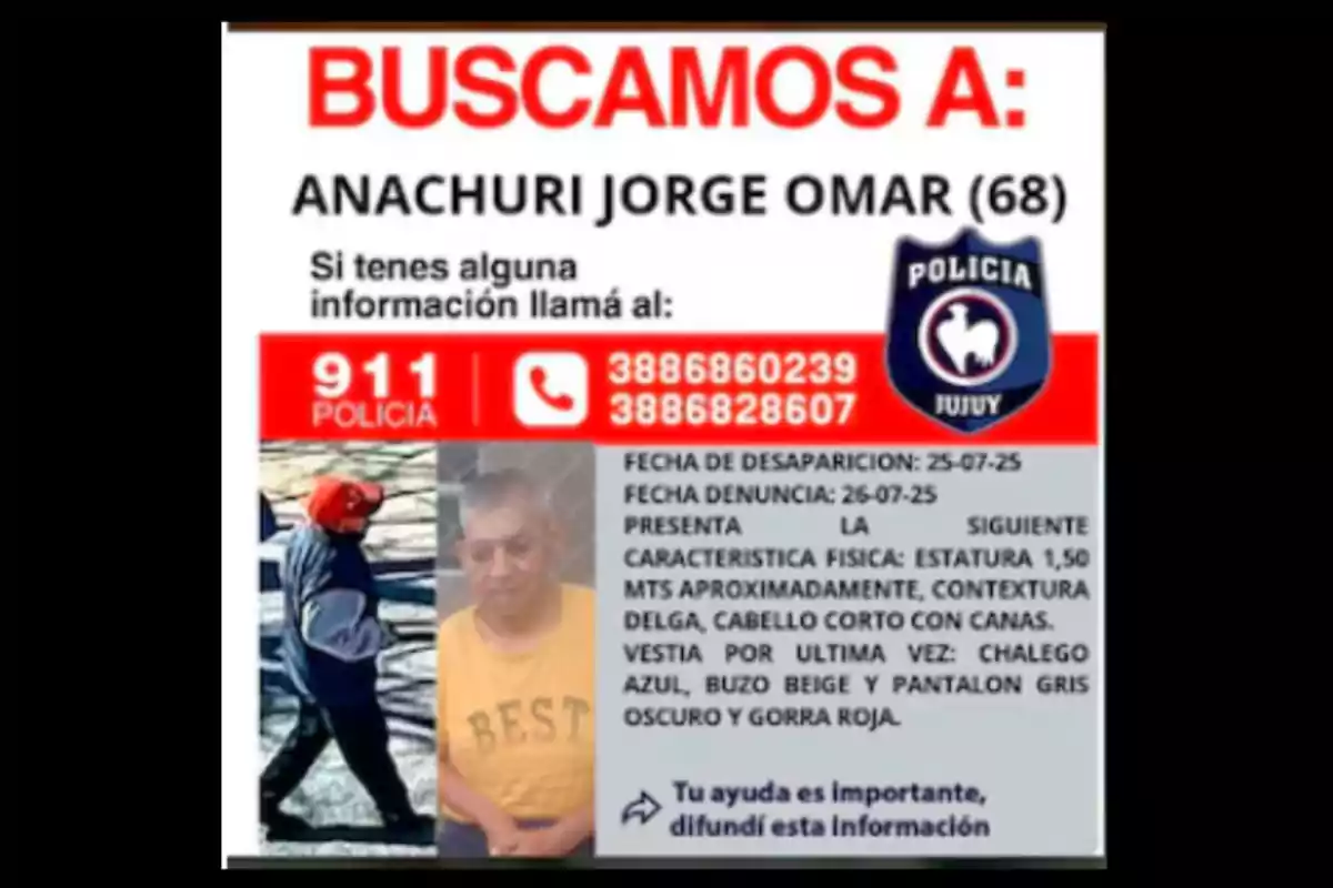 Wanted poster for Jorge Omar Anachuri, 68 years old, with photos of the missing person, contact information for the Jujuy police, and a physical and clothing description from the time of his disappearance Wanted poster for Jorge Omar Anachuri, 68 years old, with photos of the missing person, contact information for the Jujuy police, and a physical and clothing description from the time of his disappearance