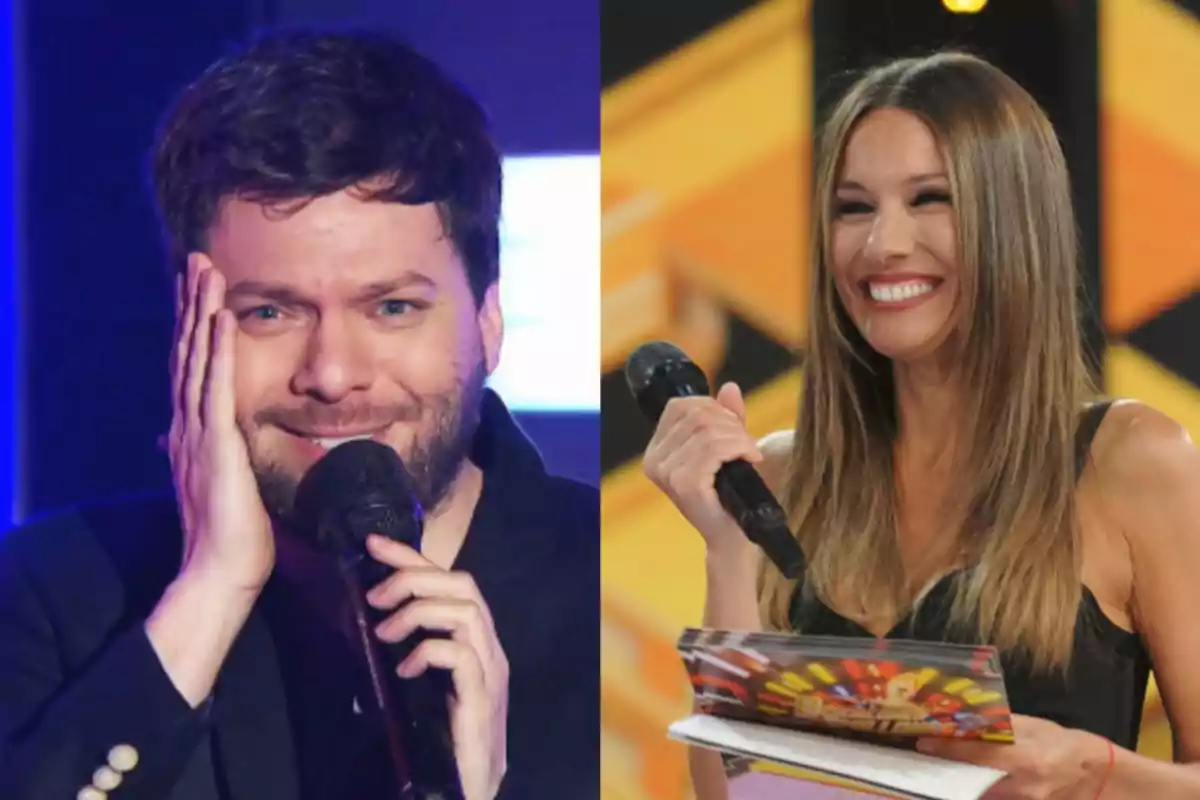 Un hombre con barba y una mujer de cabello largo sostienen micrófonos y sonríen en un escenario de televisión