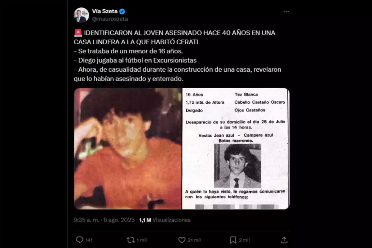 Publicación en redes sociales que informa sobre la identificación de un joven asesinado hace 40 años, incluye una foto borrosa del joven y una imagen de un cartel de búsqueda con sus datos personales y una foto en blanco y negro. Publicación en redes sociales que informa sobre la identificación de un joven asesinado hace 40 años, incluye una foto borrosa del joven y una imagen de un cartel de búsqueda con sus datos personales y una foto en blanco y negro.