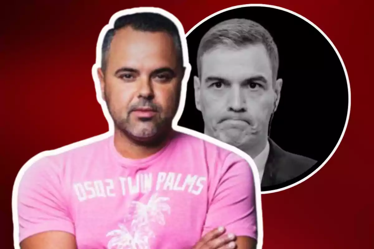 Hombre con camiseta rosa al frente y otra persona en blanco y negro al fondo sobre fondo rojo