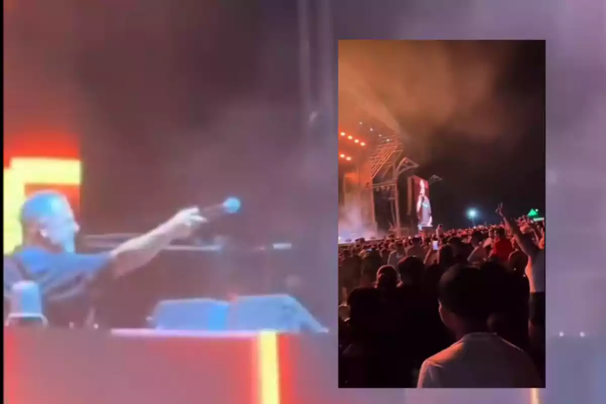 A man on stage holds a microphone while a crowd watches a concert under orange lights and smoke. A man on stage holds a microphone while a crowd watches a concert under orange lights and smoke.