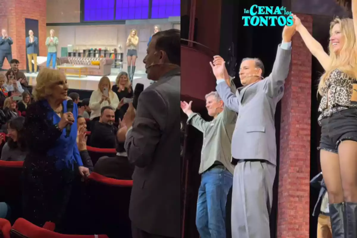 Personas interactuando y aplaudiendo en una función de teatro con el elenco de la obra La Cena de los Tontos en el escenario Personas interactuando y aplaudiendo en una función de teatro con el elenco de la obra La Cena de los Tontos en el escenario