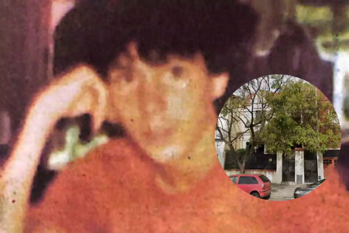 Blurry photograph of a young person in a red jersey with one hand resting on their face, with a circular overlay image of a house with trees and parked cars in front.