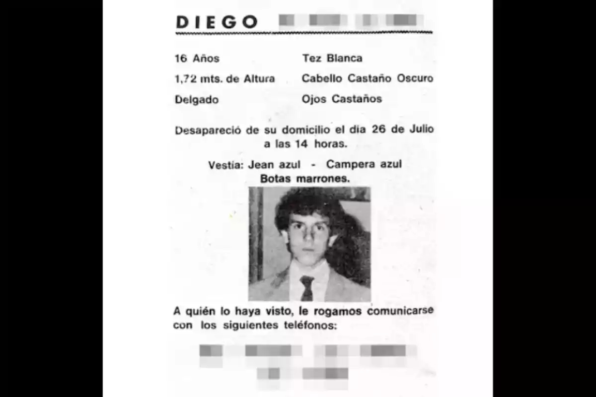 Missing person poster with personal information, physical description, date of disappearance, clothing, and a black-and-white photo of a young man, along with contact phone numbers. Missing person poster with personal information, physical description, date of disappearance, clothing, and a black-and-white photo of a young man, along with contact phone numbers.