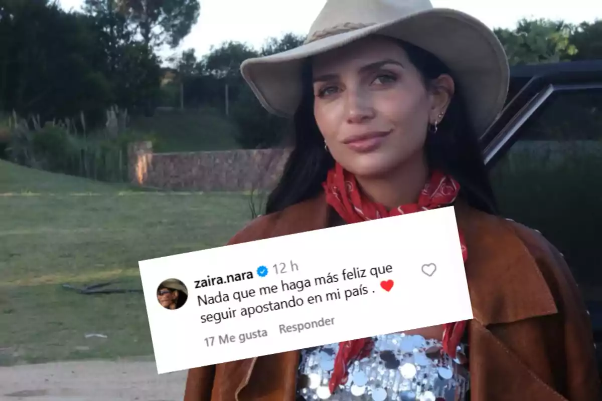 Mujer con sombrero y pañuelo rojo posando al aire libre junto a un comentario superpuesto que expresa felicidad por apostar por su país