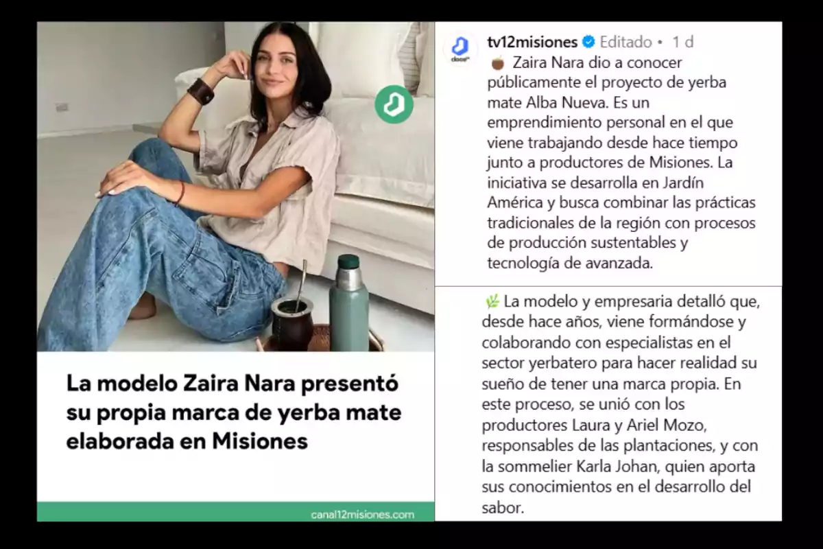 Una mujer de cabello oscuro y ropa casual está sentada en el suelo junto a un mate y un termo, mientras sonríe a la cámara; el texto informa que la modelo Zaira Nara presentó su propia marca de yerba mate elaborada en Misiones. Una mujer de cabello oscuro y ropa casual está sentada en el suelo junto a un mate y un termo, mientras sonríe a la cámara; el texto informa que la modelo Zaira Nara presentó su propia marca de yerba mate elaborada en Misiones.