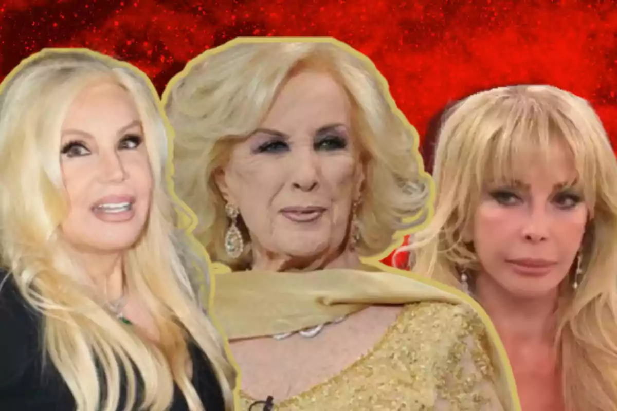Tres mujeres rubias con cabello largo y suelto posan frente a un fondo rojo brillante