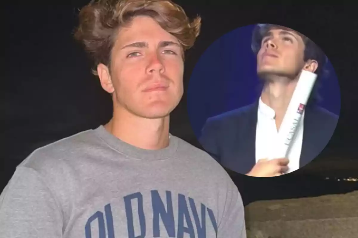 Joven con camiseta gris de Old Navy posando al aire libre en la noche con un recuadro circular que muestra al mismo joven vestido formal sosteniendo un diploma y mirando hacia arriba