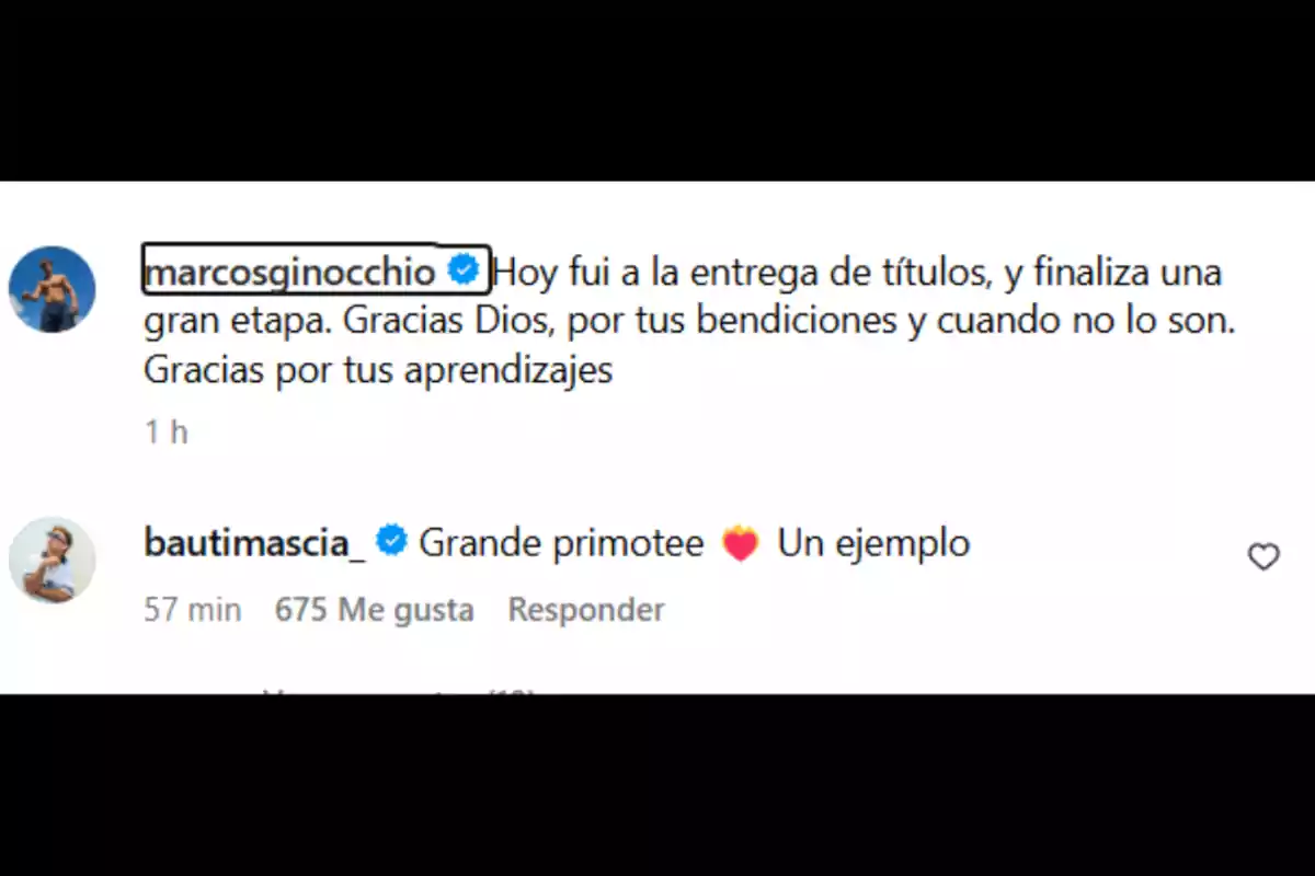 Publicación de Instagram donde una persona agradece a Dios por sus bendiciones y aprendizajes tras finalizar una etapa importante, acompañada de un comentario felicitando y elogiando su ejemplo Publicación de Instagram donde una persona agradece a Dios por sus bendiciones y aprendizajes tras finalizar una etapa importante, acompañada de un comentario felicitando y elogiando su ejemplo