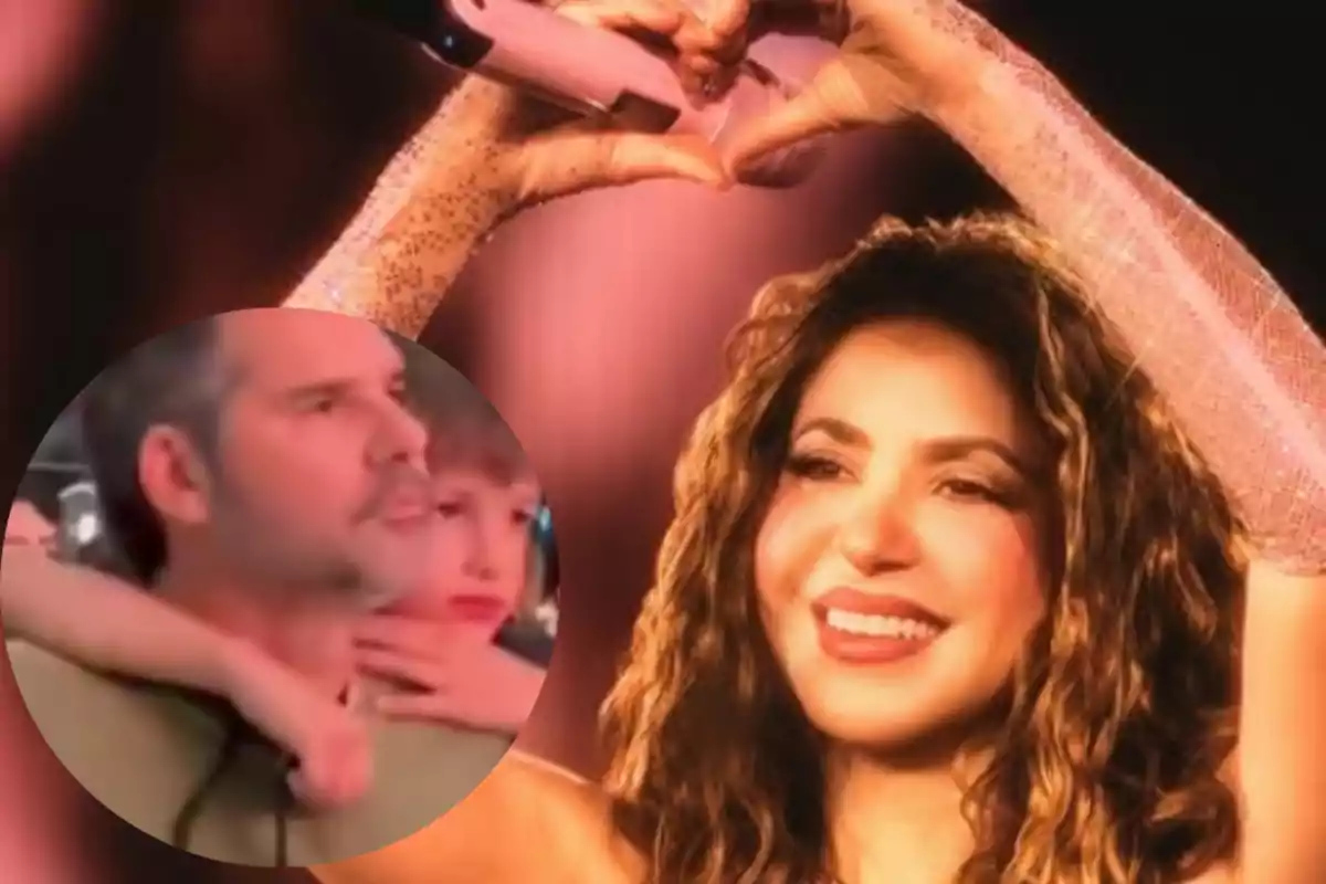 Cantante sonriente en el escenario haciendo un corazón con las manos mientras en un recuadro se observa a un hombre con un niño en brazos entre el público