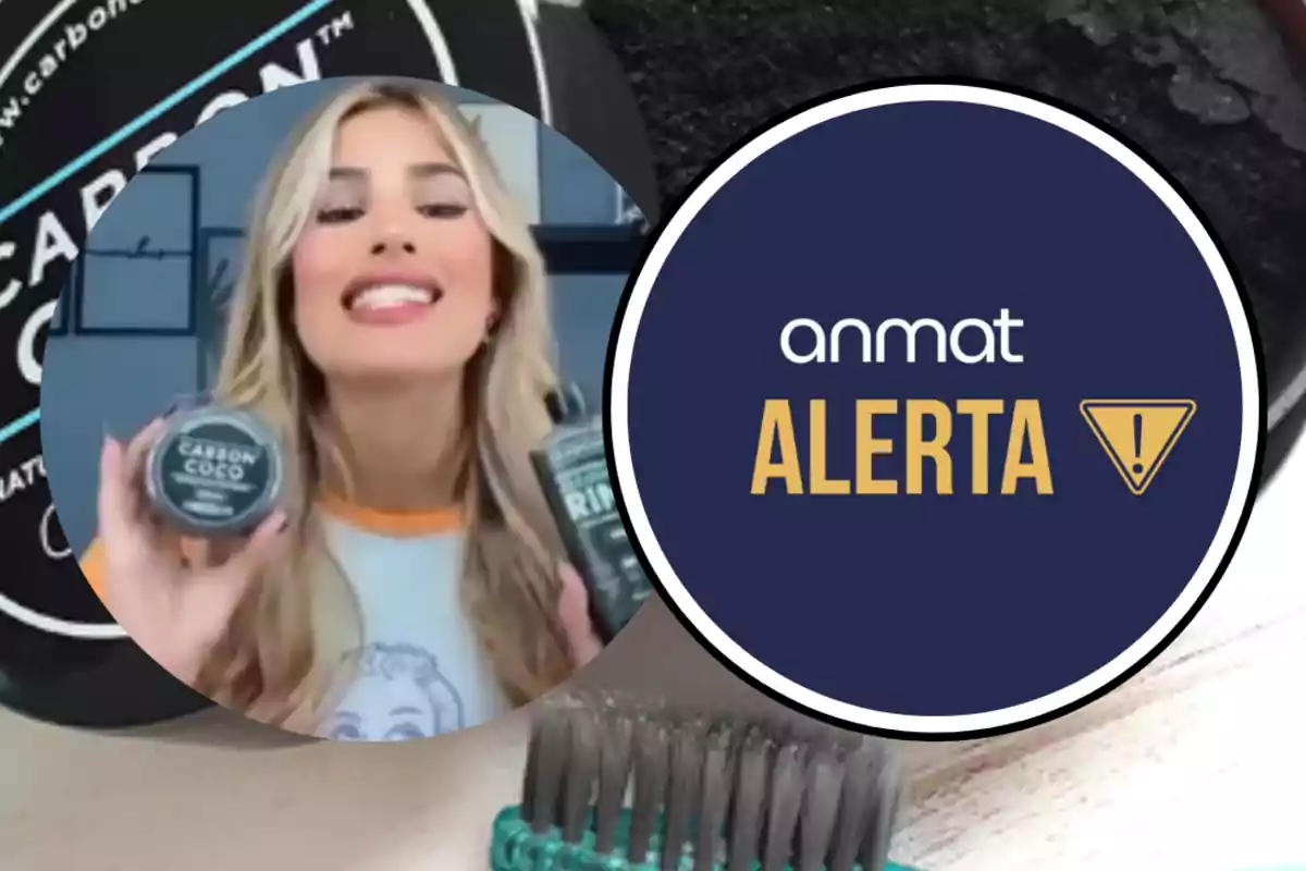 Mujer sonriente mostrando productos de carbón activado para dientes junto a un cartel de alerta de ANMAT y un cepillo de dientes en primer plano