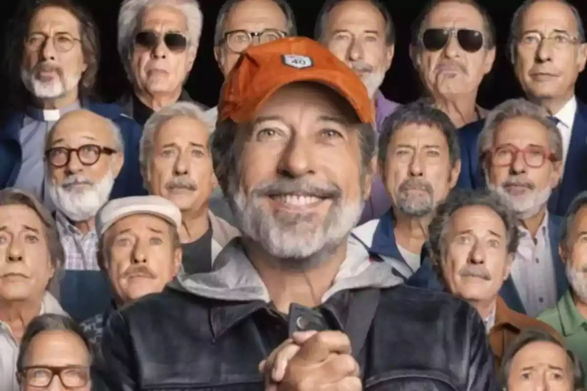 Bearded man in an orange cap smiles in the center, surrounded by many versions of himself with different outfits and expressions