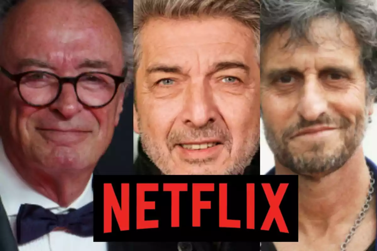 Tres hombres mayores con barba y el logo de Netflix en el centro
