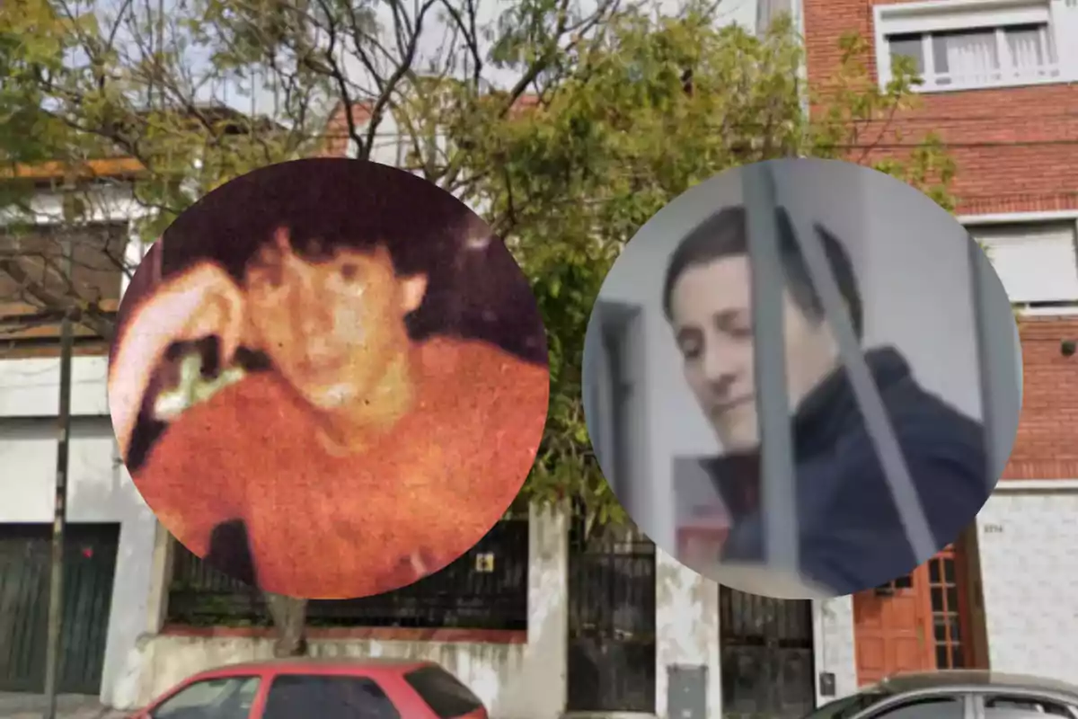 Two circular portraits of people superimposed on the image of a street with trees and buildings in the background