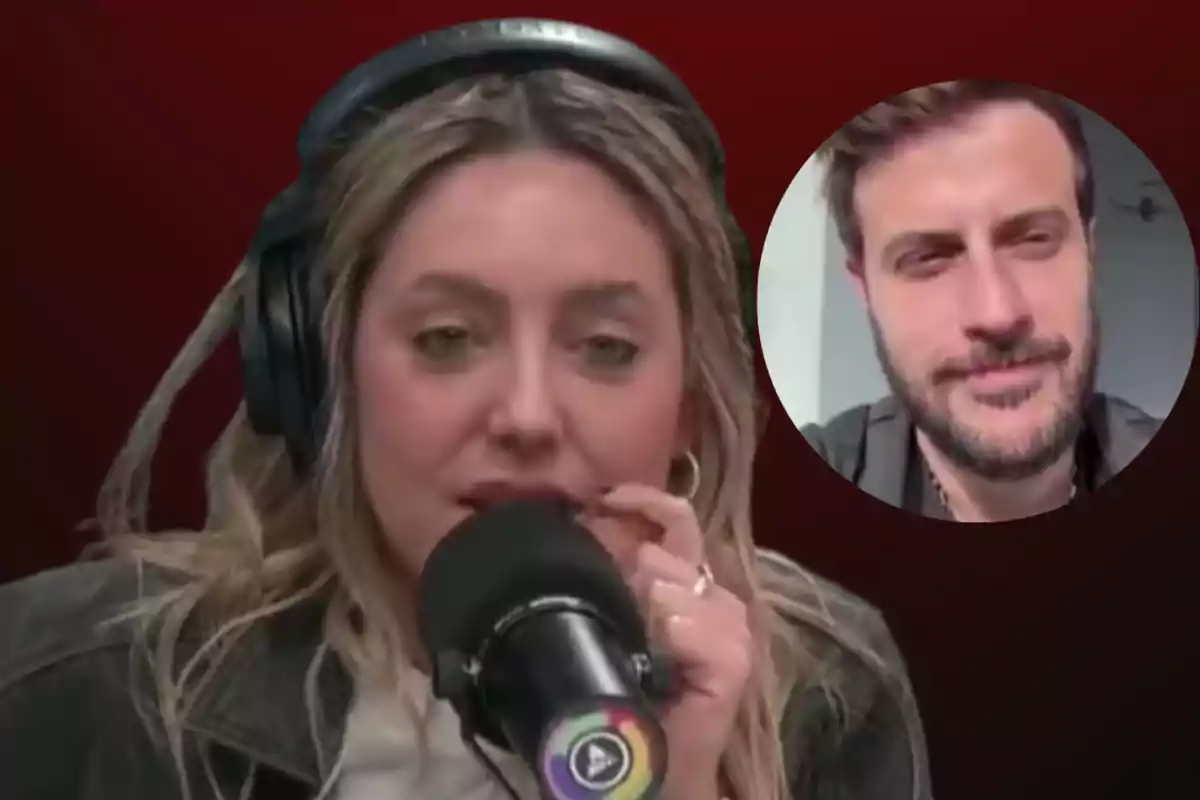 Mujer con audífonos hablando frente a un micrófono mientras la imagen de un hombre aparece en un círculo en la esquina superior derecha
