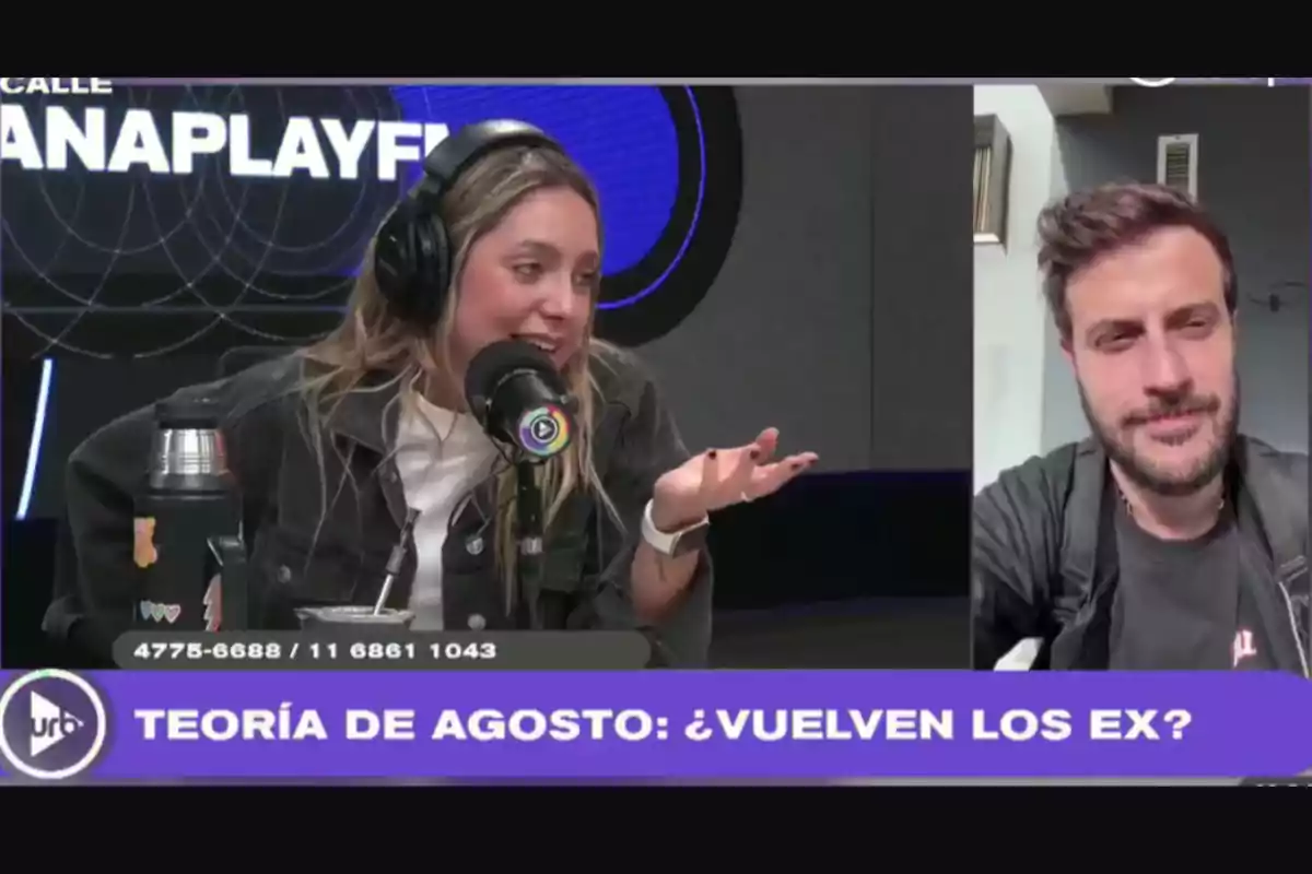 Una mujer con auriculares habla frente a un micrófono en un estudio de radio mientras un hombre aparece en videollamada y en la parte inferior se lee el texto teoría de agosto ¿vuelven los ex? Una mujer con auriculares habla frente a un micrófono en un estudio de radio mientras un hombre aparece en videollamada y en la parte inferior se lee el texto teoría de agosto ¿vuelven los ex?