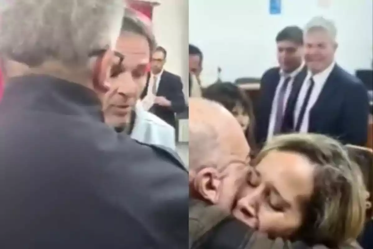 Two scenes in a formal setting where several people are hugging and showing intense emotions, with others watching in the background. Two scenes in a formal setting where several people are hugging and showing intense emotions, with others watching in the background.