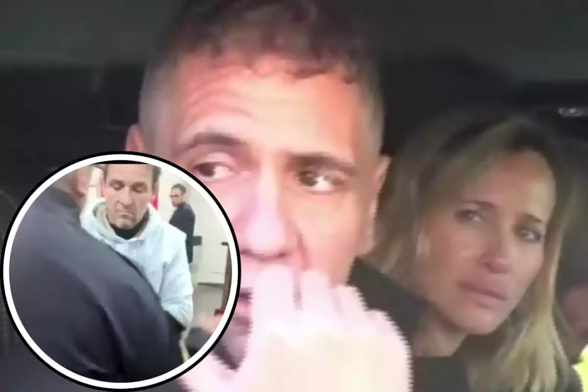 A man and a woman with serious expressions inside a vehicle, with an inset showing another man being escorted by someone with their back turned.