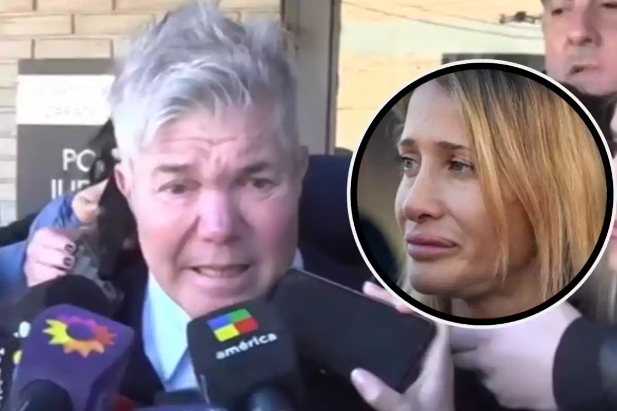 Un hombre de cabello canoso habla con la prensa rodeado de micrófonos mientras en un círculo se muestra el rostro de una mujer rubia con expresión seria.