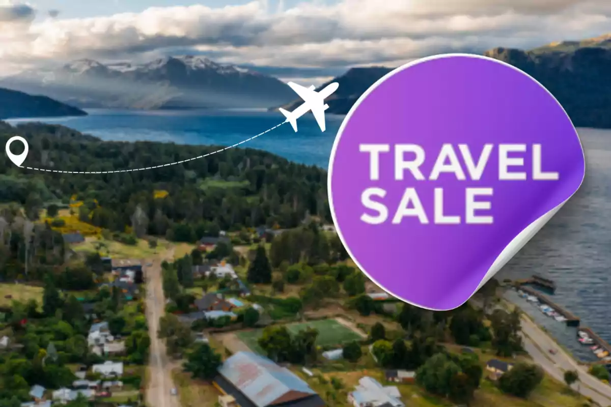 Aerial view of a village by a lake surrounded by mountains with a plane graphic and a purple label that says Travel Sale
