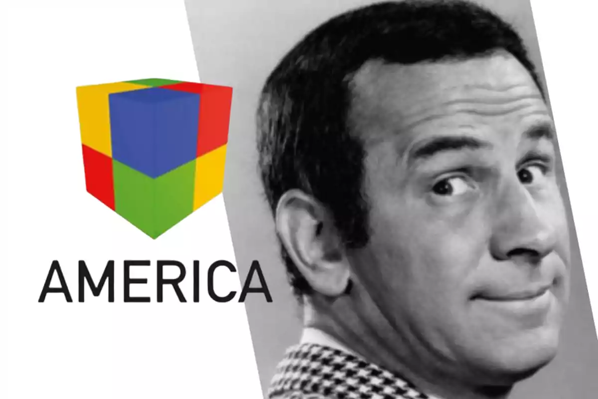 Colorful América TV logo next to a black-and-white man looking back with a curious expression