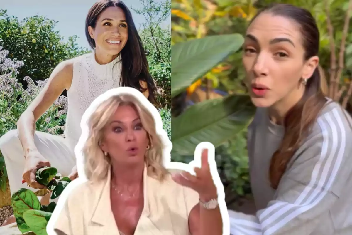 Tres mujeres en diferentes escenarios, una de ellas en un jardín sonriendo, otra junto a plantas con expresión seria y la tercera con gesto sorprendido en primer plano.