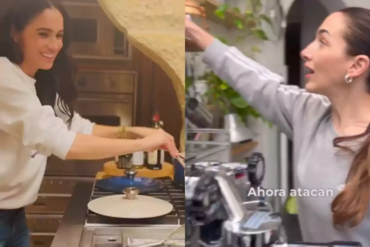 Dos mujeres cocinando en diferentes cocinas, una de ellas sonríe mientras cocina y la otra está alcanzando algo en una estantería con la frase Dos mujeres cocinando en diferentes cocinas, una de ellas sonríe mientras cocina y la otra está alcanzando algo en una estantería con la frase
